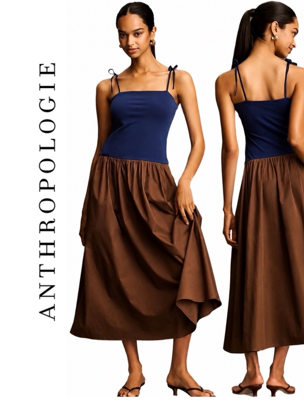 Anthropologie Twofer Midi Dress features a brown cotton skirt and blue bodice. M